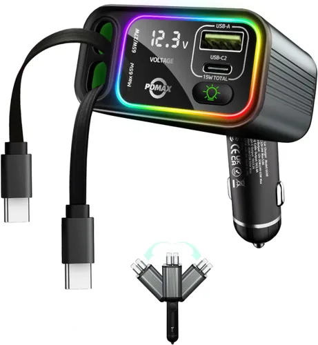 Vista 7 de Cargador de coche retráctil USB C, cargador de coche tipo C de 145 W, carga rápida con cable USB C retráctil dual y puertos USB para iPhone