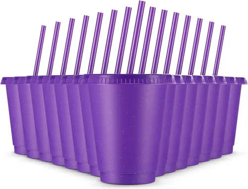 Vista 9 de Rtteri 15 vasos reutilizables con popotes y tapas, vasos de plástico con purpurina de 16 onzas, vasos de plástico para recuerdos de fiesta con Negro