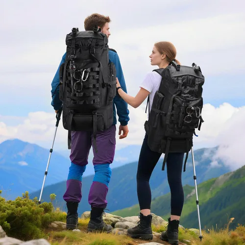 Vista 6 de Mochila de senderismo para acampar de 70 litros con cubierta de lluvia, mochila Molle impermeable para hombres, mochila para trekking, escalada al