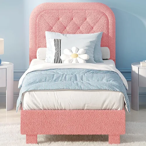 Vista 20 de VINGLI Base de cama individual para niños, cama de plataforma tapizada Boucle con cabecera ajustable, soporte de listones de madera resistente, cama