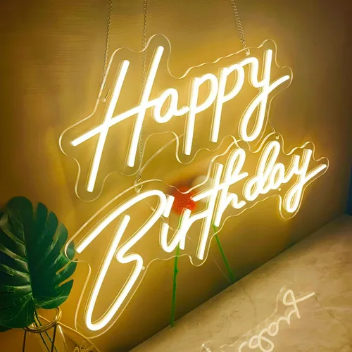 Vista 2 de Letreros de neón súper grandes de feliz cumpleaños para telón de fondo, luz de neón grande de 44.5 pulgadas con atenuador remoto, letreros LED