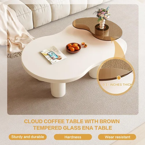 Vista 2 de Juego de 2 mesas de centro anidables modernas, con forma de nube irregular, color blanco crema, mesas centrales que ahorran espacio para sala