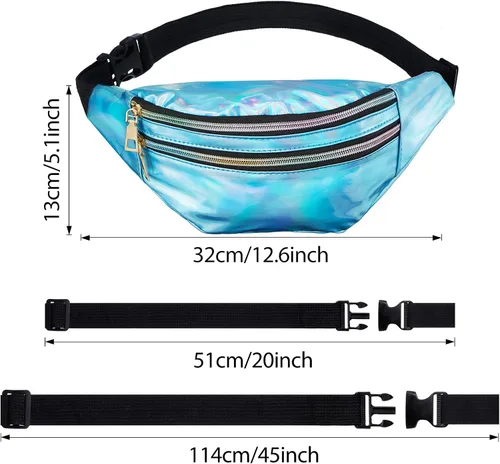 Vista 2 de Riñonera holográfica de 3 piezas para mujeres, hombres y niños, cintura deportiva de color metálico con bolsas y cinturón ajustable, paquete