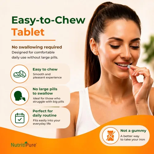 Vista 3 de Hierro carbonílico masticable de 65 mg con 270 mg de vitamina C – Tableta Bariátrica (no gomosa), sabor a naranja sin azúcar – Suplemento de hierro