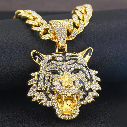 Vista 2 de hdyv5aa Cadena de eslabones cubanos de plata para hombre con colgante, collar de tigre de eslabones cubanos de Miami Ice Out de Miami, joyería