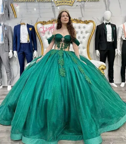 Vista 3 de Mouccy Brillantes con cuentas dulces 15 16 vestidos fuera del hombro encaje quinceañera vestidos de tul hinchado vestido de baile de graduación