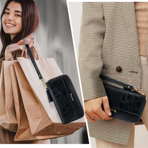 Vista 7 de Travelambo Cartera con borla plegable para mujer, bolso de mano con correa para la muñeca, bolso largo