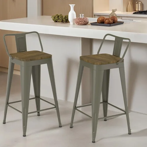 Vista 21 de Juego de 4 taburetes de bar de metal, taburetes de bar con respaldo alto con asiento de madera, taburetes de bar negros de 24 pulgadas para isla