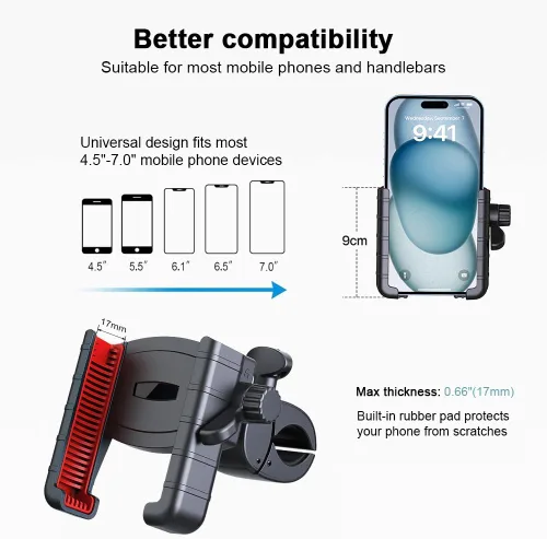 Vista 3 de Soporte universal ajustable para teléfono de bicicleta compatible con iPhone 15/14/13/12 Pro Max, Samsung Galaxy S23/S22 Ultra, accesorios