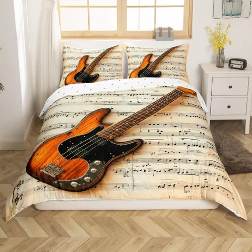 Vista 2 de Castle Fairy Juego de funda de edredón con estampado de guitarra, tamaño individual, juego de ropa de cama reversible con temática musical