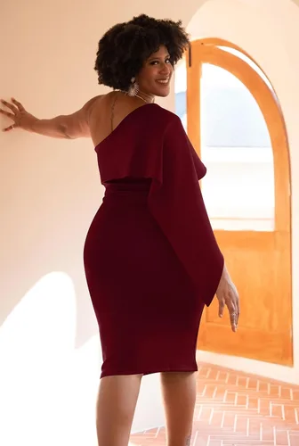 Vista 4 de GOBLES - Vestido de cóctel para mujer, vestido de verano entallado, sexi con un hombro descubierto y volantes