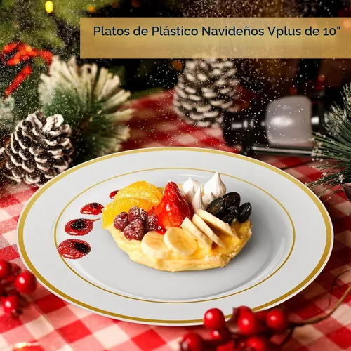 Vista 8 de Vplus 100 piezas de platos de plástico dorados de 10 pulgadas desechables, platos de plástico resistentes blancos elegantes y duraderos con borde