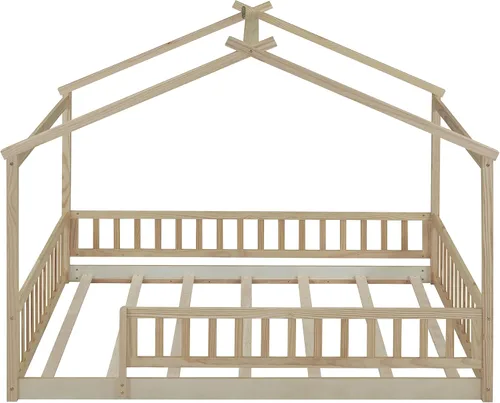 Vista 4 de RUNNA Marco de cama de madera de tamaño matrimonial con valla, para niños, adolescentes, niñas, niños, (Natural-Thinck 4col)