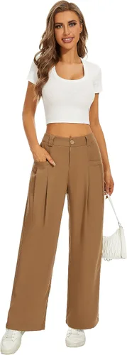 Vista 2 de FUNYYZO Pantalones de vestir de pierna ancha de cintura alta para mujer, plisados, cintura ancha, cintura elástica, pantalones casuales