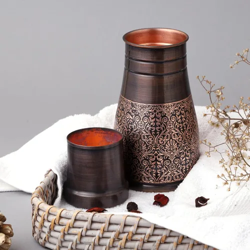 Vista 5 de Jarra de noche de cobre puro para beneficios de salud ayurveda, capacidad - 1 litro (33.81 onzas líquidas de EE. UU.) (patrón floral)