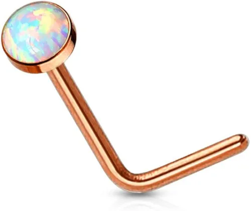 Vista 2 de FIFTH CUE Juego de ópalo sintético 20G PVD superior plano sobre acero quirúrgico 316L L bend Stud nariz anillos, Metal, ópalo creado