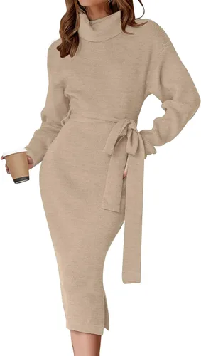 Vista 22 de ZESICA - Vestido por debajo de la rodilla de suéter, de cuello alto, para mujer, de manga larga, de punto acanalado, con abertura y cinturón