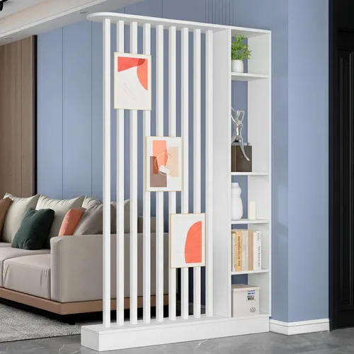 Vista 9 de Divisor de habitación de pared, estante divisor de madera independiente con estantes, pantalla separadora de pantalla divisora con almacenamiento