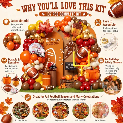 Vista 6 de Fall Football Party Balloon Arch Kit,137Pcs Autumn Burnt Orange Ruby Red Fall Season