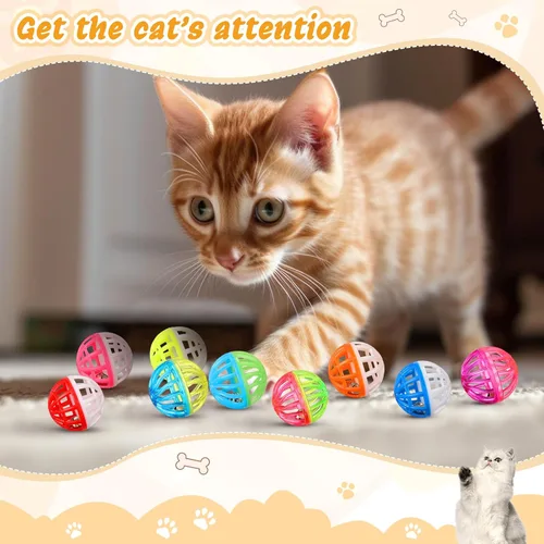 Vista 5 de Silkfly 30 bolas de juguete para gatos con campanas, bolas de plástico para cascabeles para gatitos, juguetes interactivos de persecución