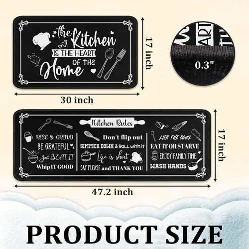 Vista 3 de Juego de 2 tapetes de cocina negros antideslizantes y lavables, juego de 2 tapetes decorativos antifatiga para áreas de cocina y comedor, decoración
