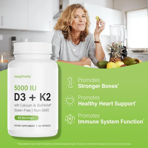 Vista 2 de Noophoric Vitamina D3 K2 5000 UI, D3 con K2 MK7, cápsulas de vitamina D3 K2 con calcio y bioperina, sin OMG, sin gluten, sin soja, 60 cápsulas