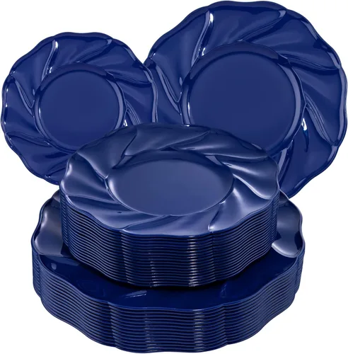 Vista 10 de Morejoy - 60 platos de plástico negro, platos desechables negros con borde dorado, placa dorada resistente, placa de diseño moderno de remolino que