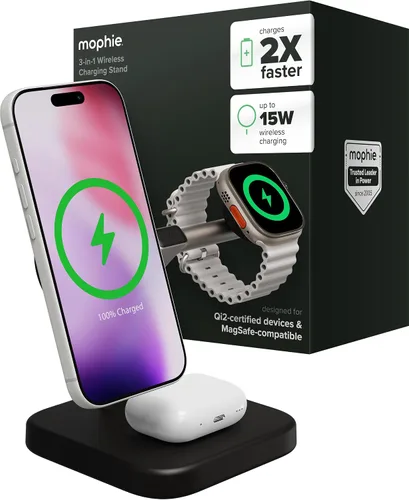 Vista 14 de Mophie Soporte de carga inalámbrico 2 en 1, certificado Qi2, cargador MagSafe para iPhone y Apple Watch, estación de carga rápida con soporte