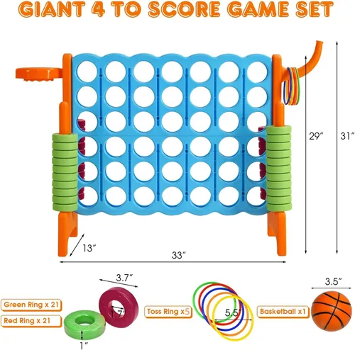 Vista 7 de KOTEK Juego gigante 4 en una fila, juego familiar jumbo de 4 en puntuación con deslizadores de liberación rápida, 42 anillos, lanzamiento de anillos