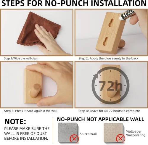 Vista 5 de Paquete de 4 ganchos de madera para pared, de madera natural, ahorro de espacio, sin daños, adhesivos para entrada, dormitorio, puerta de cocina