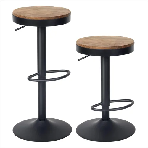 Vista 8 de Kidol & Shellder Juego de 2 taburetes de bar negros ajustables giratorios sin espalda, modernos y redondos de madera, sillas de barra de altura sin