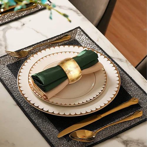 Vista 4 de Servilleteros redondos para mesa de comedor, fiestas, bodas, reuniones familiares, banquetes de Navidad, cenas, decoraciones (12 juegos dorados)