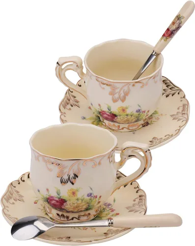 Vista 7 de Foraineam Juego de 2 tazas de té y platillo, 8 oz. Arbustos florecientes de cerámica marfil Taza de té de porcelana floral elegante juego de taza