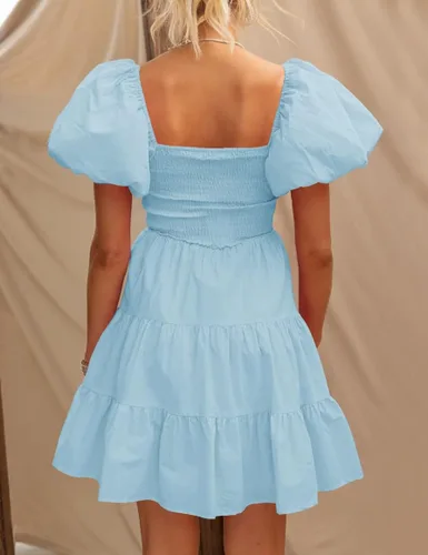 Vista 4 de ZESICA Vestido corto bohemio de verano para mujer, con cuello cuadrado, manga abombada, hombros descubiertos, fruncido, escalonado, casual