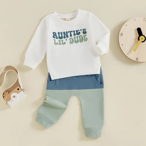 Vista 2 de BemeyourBBs Ropa de otoño e invierno para bebé niño, conjunto de sudadera con capucha de manga larga con letras divertidas y pantalones, conjunto