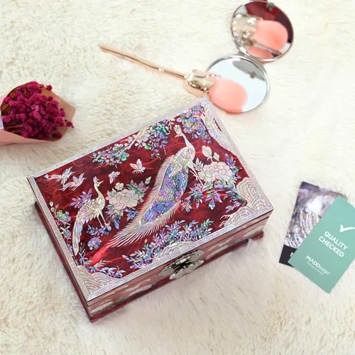 Vista 6 de MADDesign Mother of Pearl Joyero Anillo Espejo Tapa 2 Nivel Pavo Real Rojo