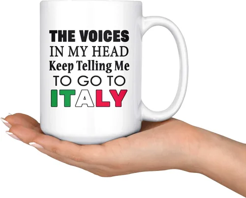 Vista 2 de P.S. I Love Italy Taza de café grande – Voces en mi cabeza – Taza de cerámica blanca personalizada para caliente y fría con diseños divertidos