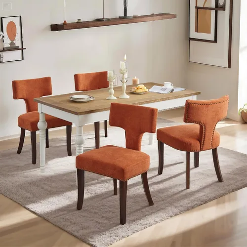 Vista 11 de SoarFlash Juego de 2 sillas de comedor modernas de madera, silla tapizada de tela de lino de granja, respaldo curvado con clavos de cobre alrededor