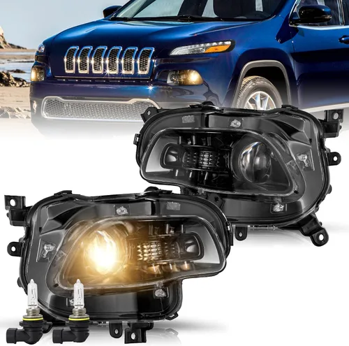 Vista 23 de JSBOYAT Compatible con 2014-2018 Jeep Cherokee Luz LED DRL de estacionamiento Señal de giro estilo OE Faros LED DRL cromados para parachoques Señal