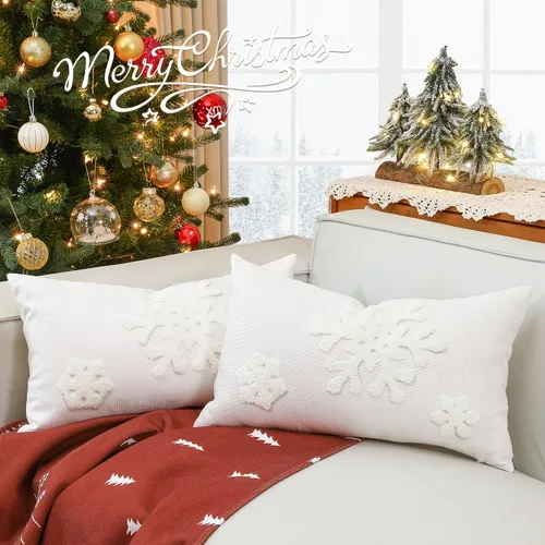 Vista 13 de Lewondr - Fundas de almohada navideñas con copo de nieve de 20 x 20 pulgadas, color blanco y amarillo Velvet Texture, Exquisite Embroidery
