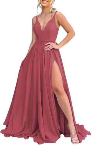 Vista 12 de Vestidos largos de dama de honor para mujer, con abertura, cuello en V, vestido de fiesta formal para boda