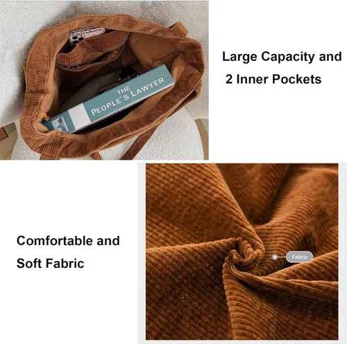 Vista 4 de ALUWU Bolso de mano de pana para mujeres y niñas, bolso de hombro de lona lindo bolso grande
