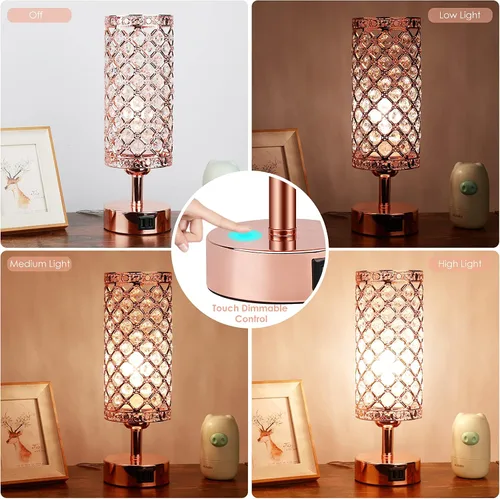 Vista 2 de Lámpara de mesa de cristal con control táctil, regulable de 3 vías, lámpara decorativa para mesita de noche con 2 puertos de carga USB, pequeña luz