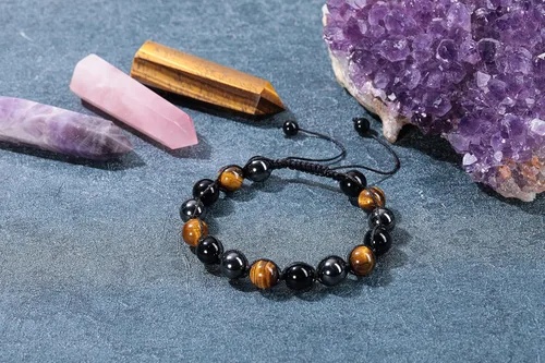 Vista 2 de Jovivi Pulsera de piedra de cristal de ojo de tigre de obsidiana negra de 0.315 in0.394 in para hombre, pulsera de piedra de lava con cuentas