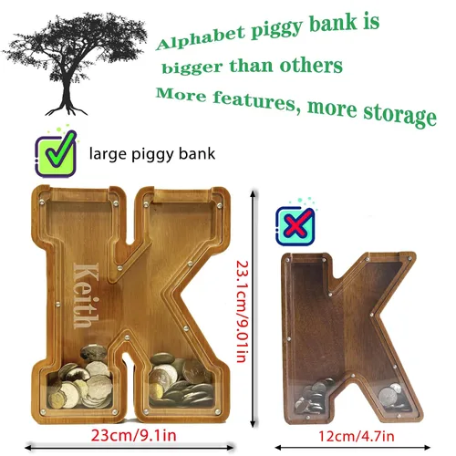 Vista 4 de Hucha Personalizada de Madera con Alfabeto - Hucha para Niños - Hucha para Niños y Niñas - Hucha de Monedas - Banco - Puede Usarse como Regalo
