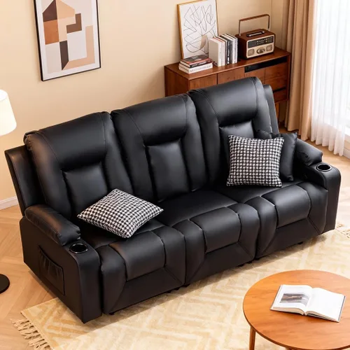 Vista 9 de COMHOMA Muebles sofá de cuero consolidado con masaje, portavasos, juego de sala de estar, silla reclinable, 3+1+1, negro