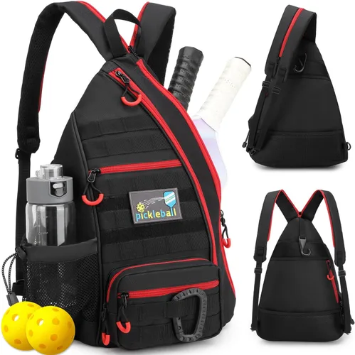 Vista 9 de Bandolera de Pickleball SunForMorning, Mochila Táctica de Pickleball para Mujeres y Hombres, Bolsa de Hombro Ajustable con Gancho para Valla y Negro