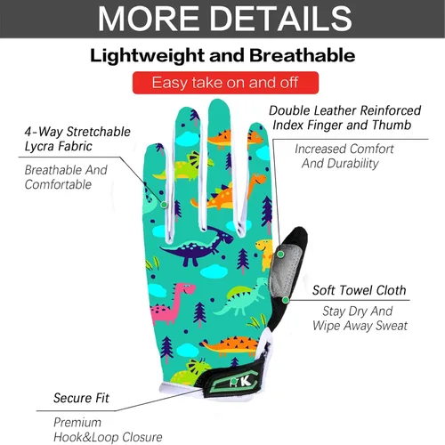 Vista 3 de FINGER TEN Guantes de ciclismo para niños y niñas y jóvenes, par de dedos completos, ciclismo de motocross, pantalla táctil, bicicleta de montaña