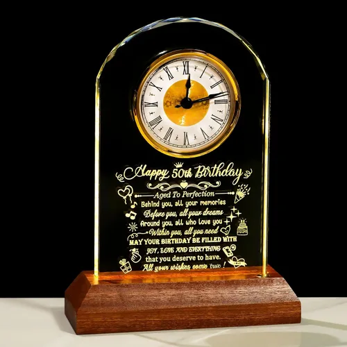 Vista 16 de Arikyrist Regalos de cumpleaños número 100 para mujeres, hombres y amigos, reloj de cumpleaños de cristal con base de luz Glass 100th Birthday
