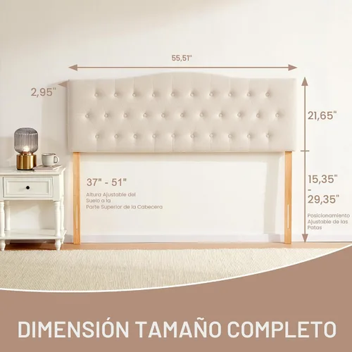 Vista 2 de Huatean Home - Cabecera tapizada y capitonada de tamaño completo, cabecera XL de madera maciza resistente y duradera, cabecera de tela con altura
